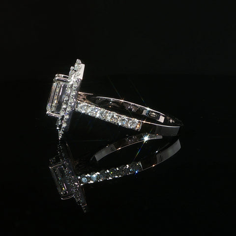 10K White Gold Double Halo Emerald Cut Diamond Engagement Ring