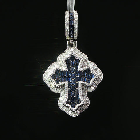 10K White Gold Sapphire & Diamond Ornate Cross Pendant