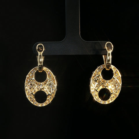 14K Yellow Gold Diamond Puff Link Dangle Earrings