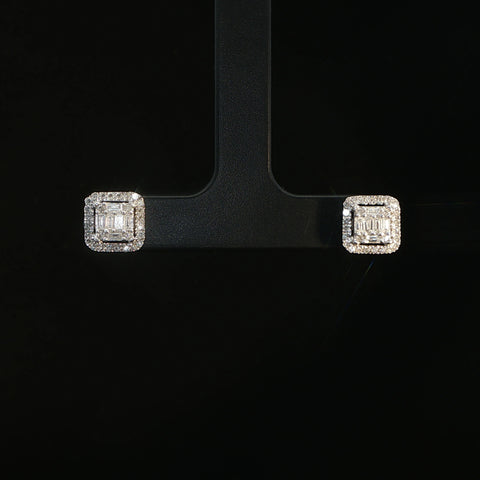 10K White Gold Diamond Square Halo Earrings