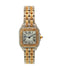 Two-tone gold and steel Cartier Panthère watch with diamond-set bezel and case sides, diamond-set bracelet links, white Roman numeral dial.