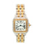 Two-tone gold and steel Cartier Panthère watch with diamond-set bezel, case sides and bracelet links, white Roman numeral dial.
