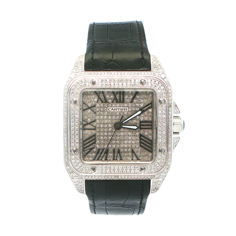 Custom Iced Out Cartier Santos XL w/ Black Leather Strap