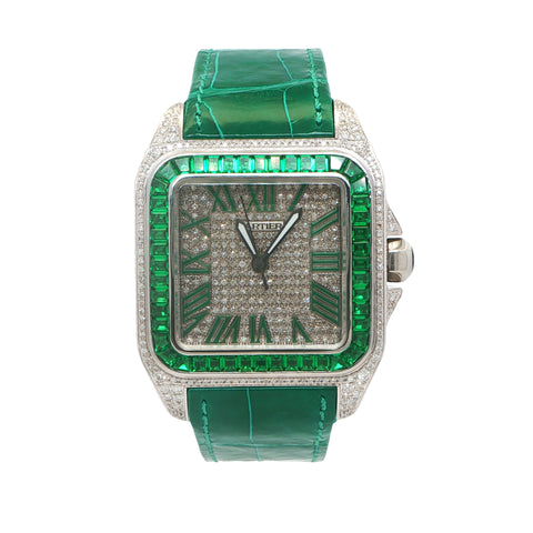 Custom Iced Out Cartier Santos XL Green Leather Strap