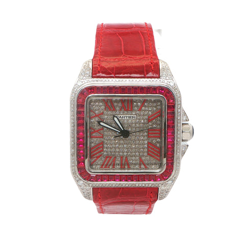 Custom Iced Out Cartier Santos XL Red Leather Strap