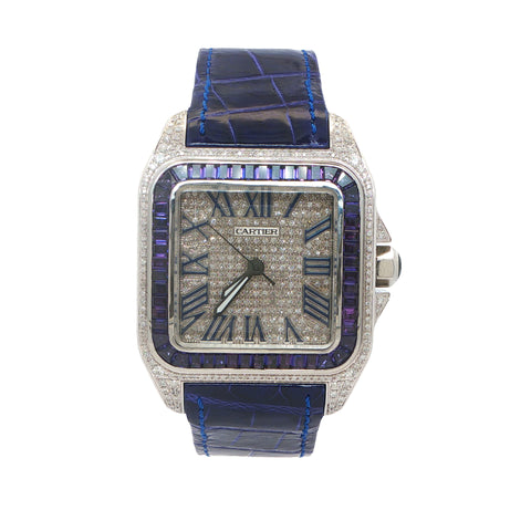 Custom Iced Out Cartier Santos XL Blue Leather Strap