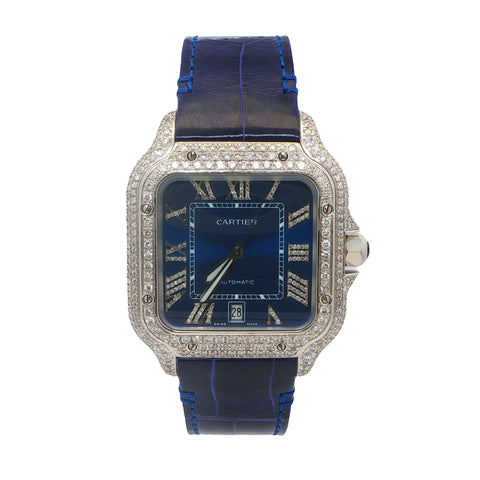Custom Iced Out Cartier Santos XL Blue Leather Strap