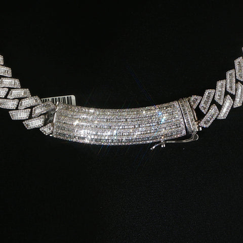 10K White Gold Diamond Monaco Cuban Chain w/ Large Curved Coffin Lock