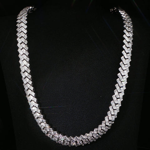 10K White Gold Diamond Curved Monaco Cuban Chain