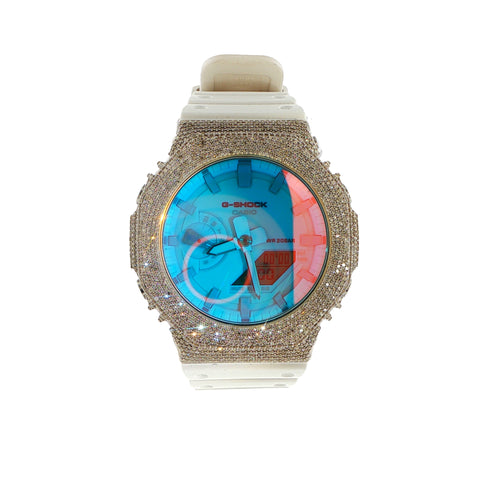 Iced Out G-Shock | Blue Glass | White Strap