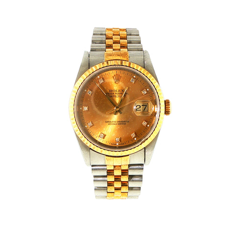 Rolex Datejust two-tone watch with champagne dial and diamond hour markers