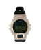 A Casio digital watch with a black strap and black face, heavily embellished with sparkling diamonds on the case and bezel, shown against a plain white background.