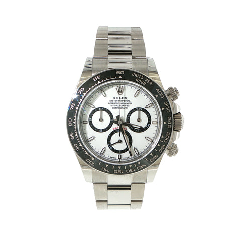 Rolex Daytona stainless steel watch with white "Panda" dial and black ceramic bezel