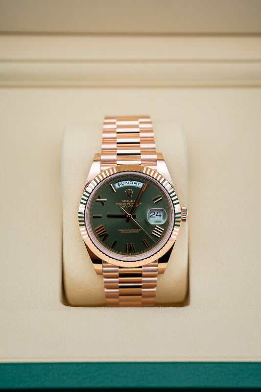 2025 Rolex Day-Date 40 Rose Gold Olive Green Dial – Ref. 228235 – Brand New Complete Set