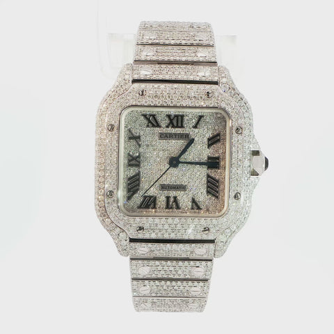 Brand New Cartier Santos Medium – Fully Iced Out – 13.00 CTW Natural VS Diamonds – Complete Set