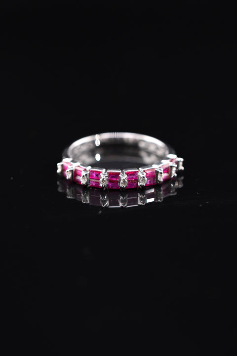 14K White Gold Ruby Baguette & Diamond Ring, 0.10 CTW, Size 6.75