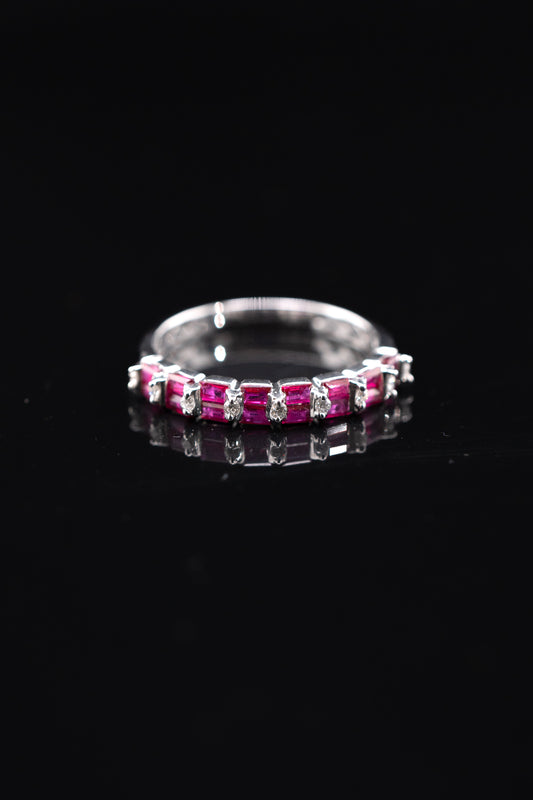 14K White Gold Ruby Baguette & Diamond Ring, 0.10 CTW, Size 6.75