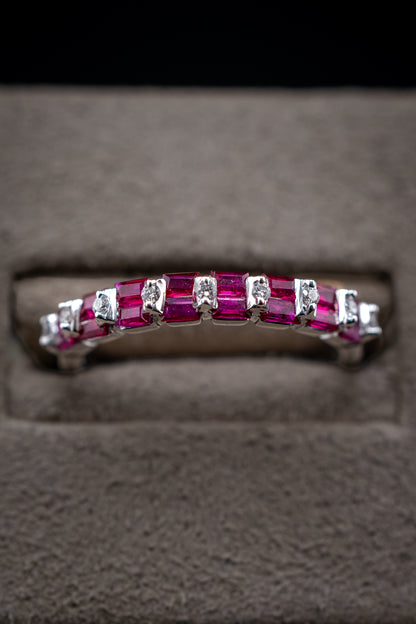 14K White Gold Ruby Baguette & Diamond Ring, 0.10 CTW, Size 6.75