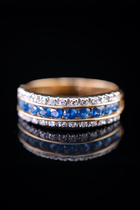 14K Yellow Gold Blue Sapphire & Diamond Band Ring, 0.88 CTW, Size 7