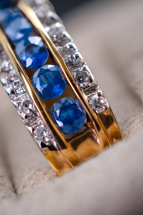 14K Yellow Gold Blue Sapphire & Diamond Band Ring Size 7
