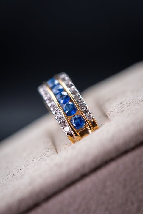 14K Yellow Gold Blue Sapphire & Diamond Band Ring Size 7