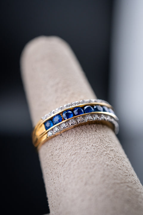 14K Yellow Gold Blue Sapphire & Diamond Band Ring Size 7