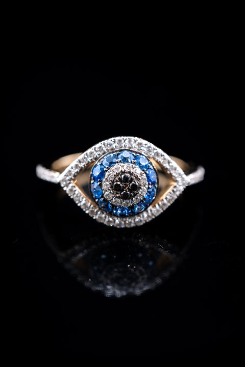 14K Yellow Gold Evil Eye Blue Sapphire & White/Black Diamond Ring, 0.30 CTW, Size 7