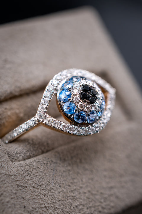 14K Yellow Gold Evil Eye Blue Sapphire & White/Black Diamond Ring, 0.30 CTW, Size 7