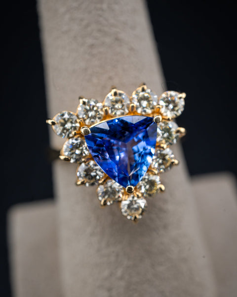 14K Yellow Gold Tanzanite and Diamond Triangle Fancy Ring, 1.59 CTW