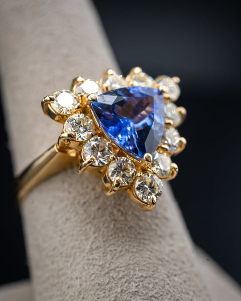 14K Yellow Gold Tanzanite and Diamond Triangle Fancy Ring, 1.59 CTW