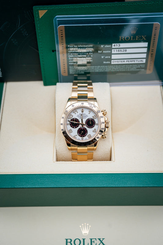 2013 Rolex Daytona 18K Yellow Gold White Racing Dial – Ref. 116528 – Mint Complete Set