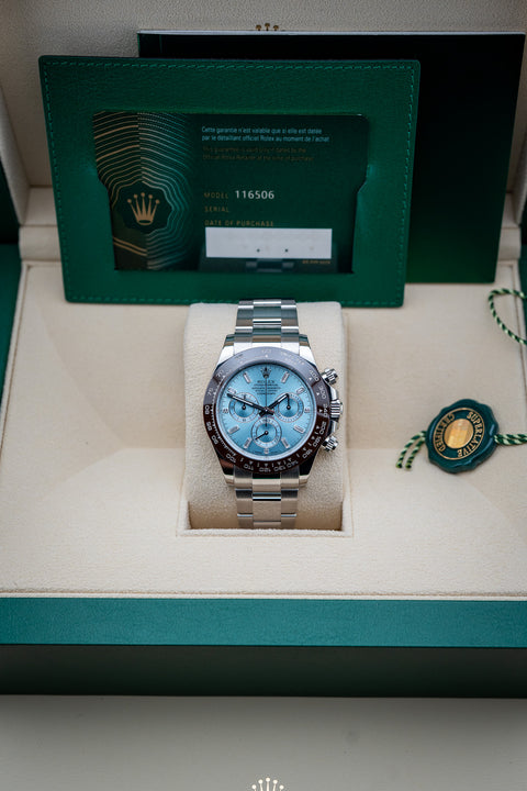 2022 Rolex Cosmograph Daytona – Ref. 116506 – Platinum with Ice Blue Dial – Mint Condition, Complete Set