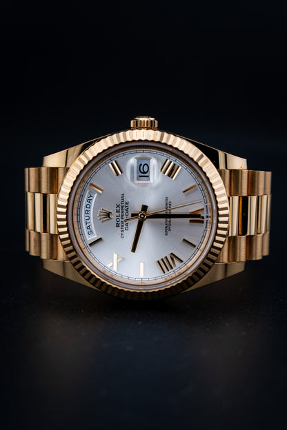 2023 Rolex Day-Date 40 – Ref. 228238 – Silver Dial – 18K Yellow Gold – Like New, Complete Set