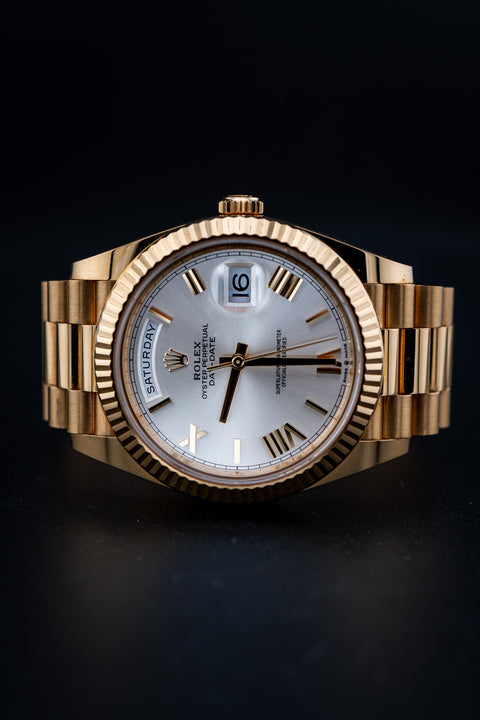 2020 Rolex Day-Date 40 – Ref. 228238 – Silver Dial – 18K Yellow Gold – Like New, Complete Set