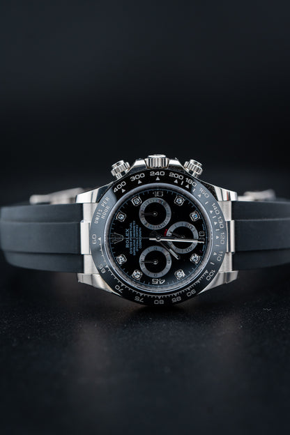 Rolex Daytona White Gold Oysterflex – Black Dial with Factory Diamond Markers – Ref. 116519LN – 2023 Brand New Complete Set
