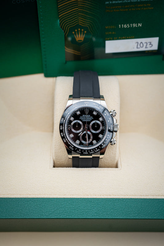 Rolex Daytona White Gold Oysterflex – Black Dial with Factory Diamond Markers – Ref. 116519LN – 2023 Brand New Complete Set