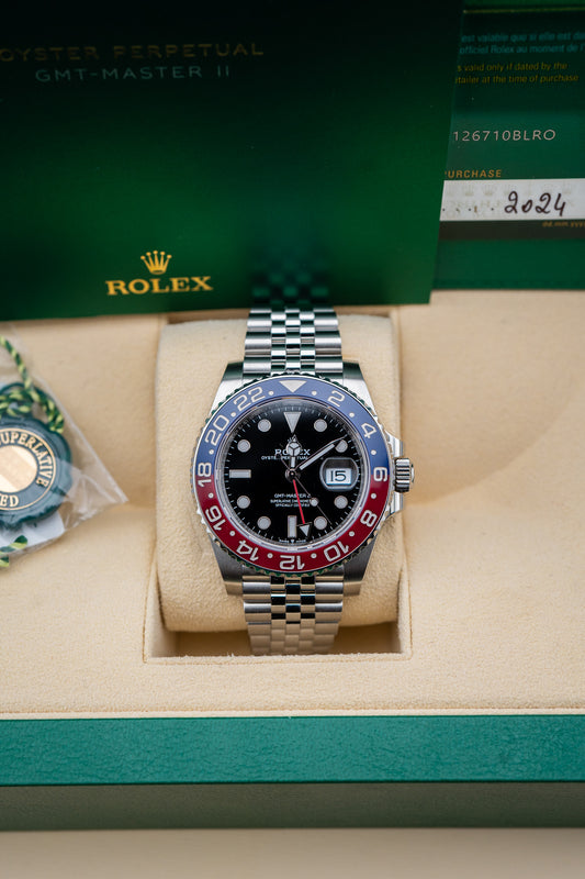 2024 Rolex GMT-Master II “Pepsi” – 126710BLRO – Stainless Steel – Preowned – Complete Set