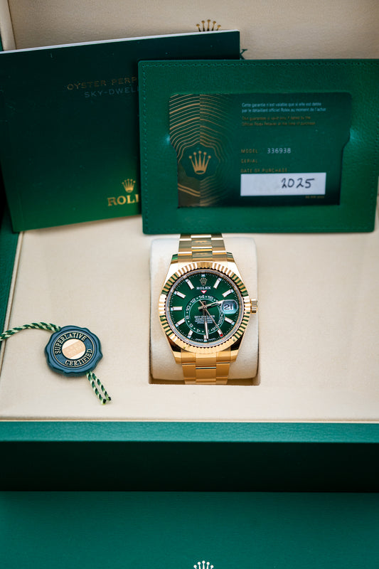 2025 Brand New Release Rolex Sky-Dweller Yellow Gold – Bright Green Dial – Oyster Bracelet – Ref. 336938 – Brand New Complete Set