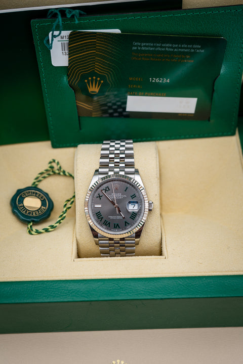 2025 Rolex Datejust 36 – Wimbledon Dial – Stainless Steel – Pre-Owned Complete Set