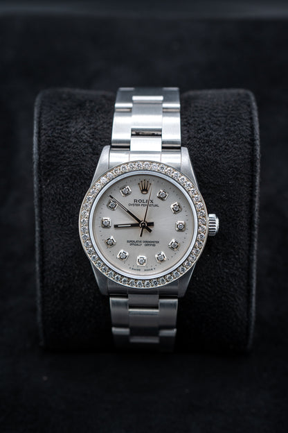 Pre-Owned Rolex Oyster Perpetual – Ref. 77080 – Custom Silver Diamond Dial & Bezel