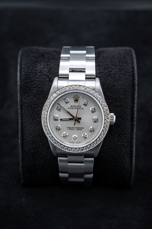 Pre-Owned Rolex Oyster Perpetual – Ref. 77080 – Custom Silver Diamond Dial & Bezel