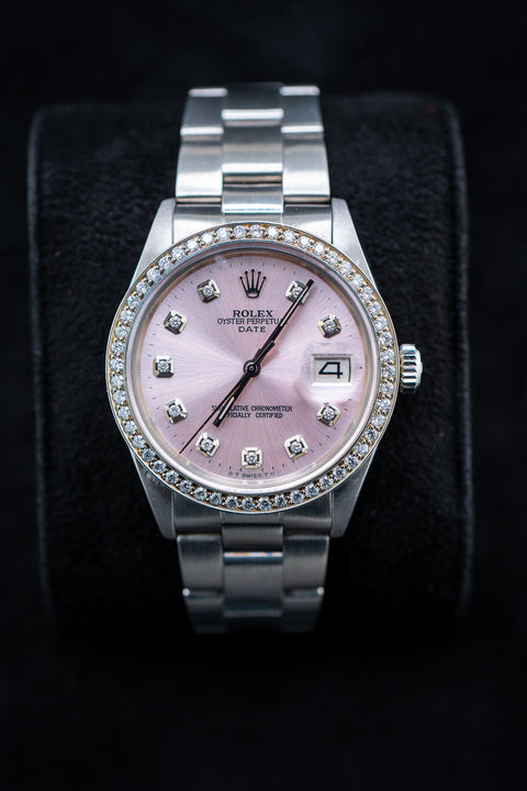 Pre-Owned Rolex Datejust – Ref. 1500 – Custom Pink Diamond Dial & Diamond Bezel