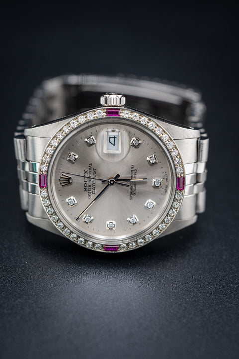 Rolex Datejust 36 – Stainless Steel, Custom Silver Dial w/ Diamond Markers & Ruby/Diamond Bezel