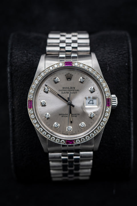 Rolex Datejust 36 – Stainless Steel, Custom Silver Dial w/ Diamond Markers & Ruby/Diamond Bezel