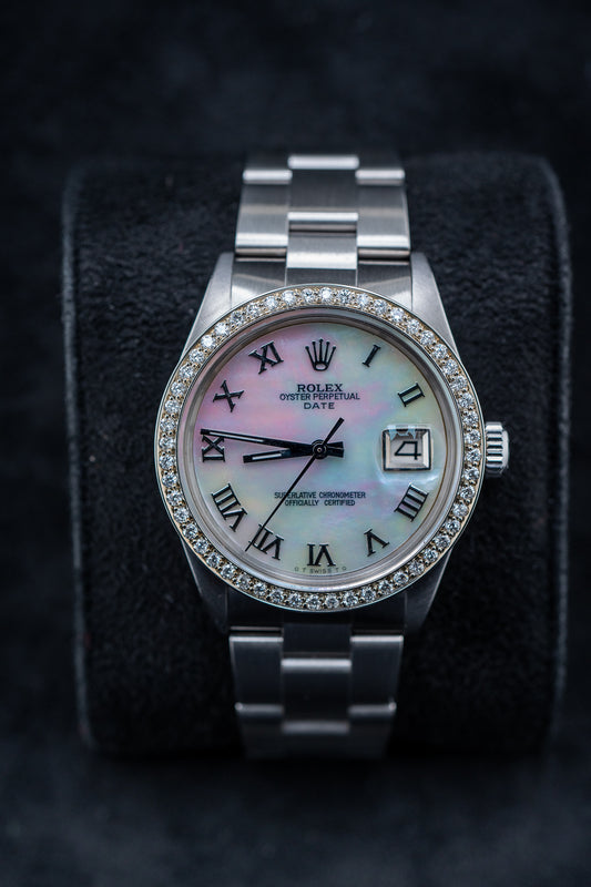 Pre-Owned Rolex Men’s Datejust 34mm – Ref. 1500 – Custom Mother of Pearl Roman Diamond Dial & Bezel