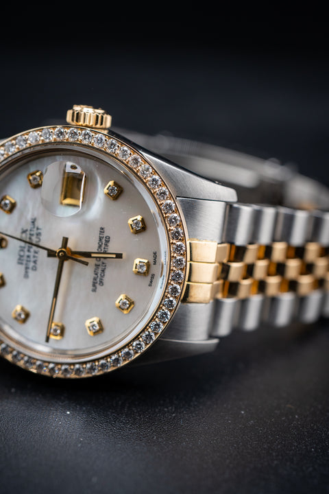 Pre-Owned Rolex Two-Tone Datejust 36 – Ref. 16013 – Custom Mother of Pearl Diamond Dial & Bezel