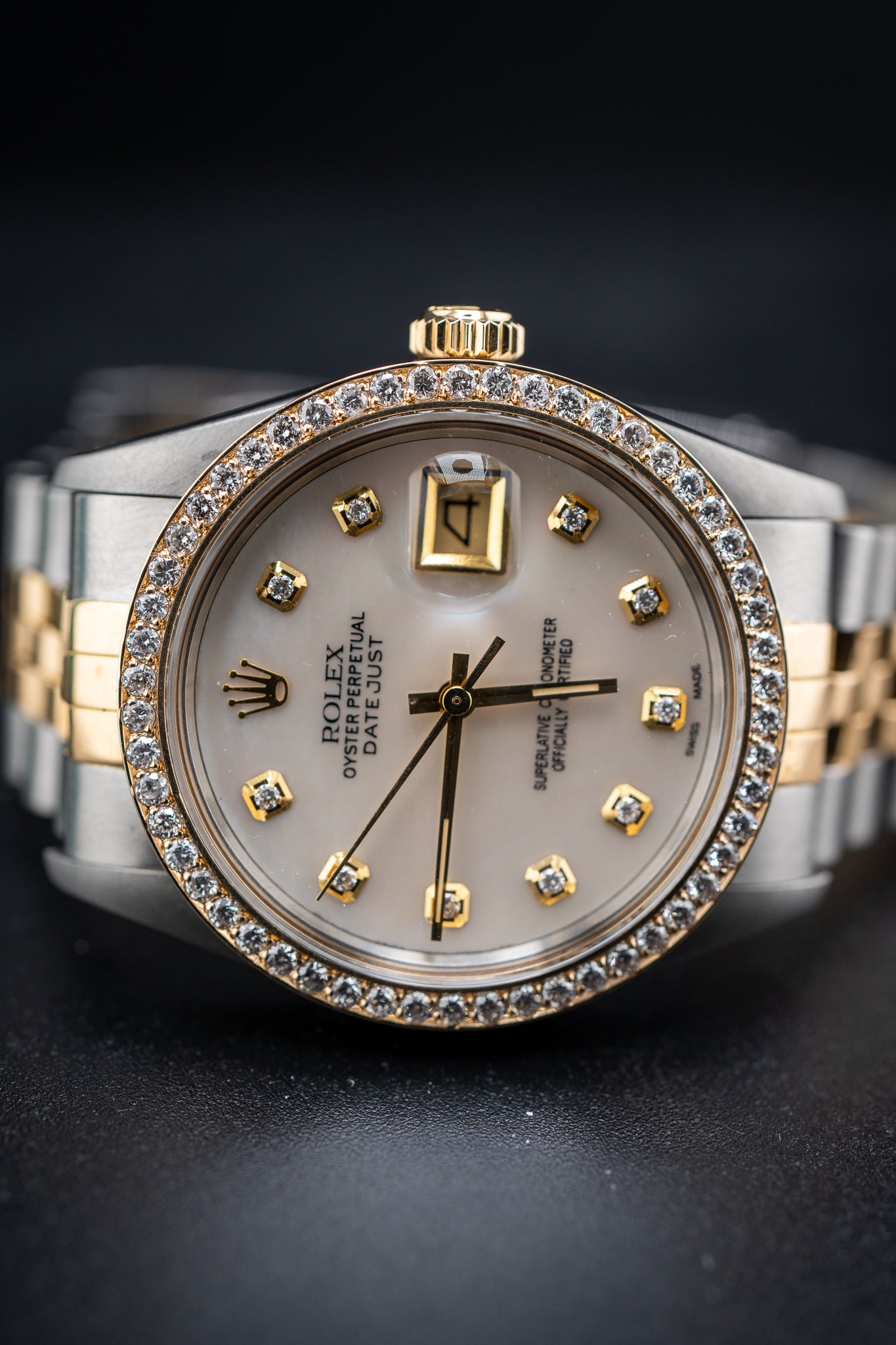Pre-Owned Rolex Two-Tone Datejust – Ref. 16013 – Custom Mother of Pearl Diamond Dial & Bezel