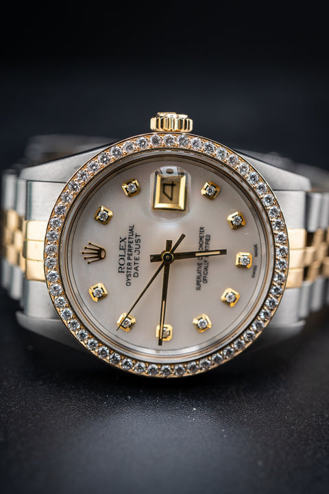 Pre-Owned Rolex Two-Tone Datejust 36 – Ref. 16013 – Custom Mother of Pearl Diamond Dial & Bezel