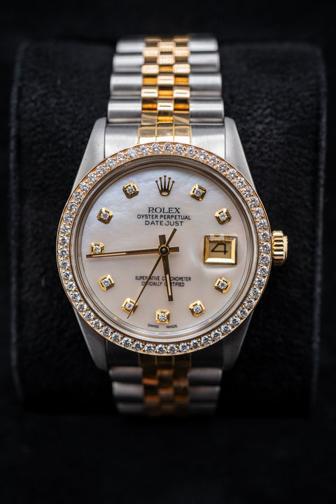 Pre-Owned Rolex Two-Tone Datejust 36 – Ref. 16013 – Custom Mother of Pearl Diamond Dial & Bezel