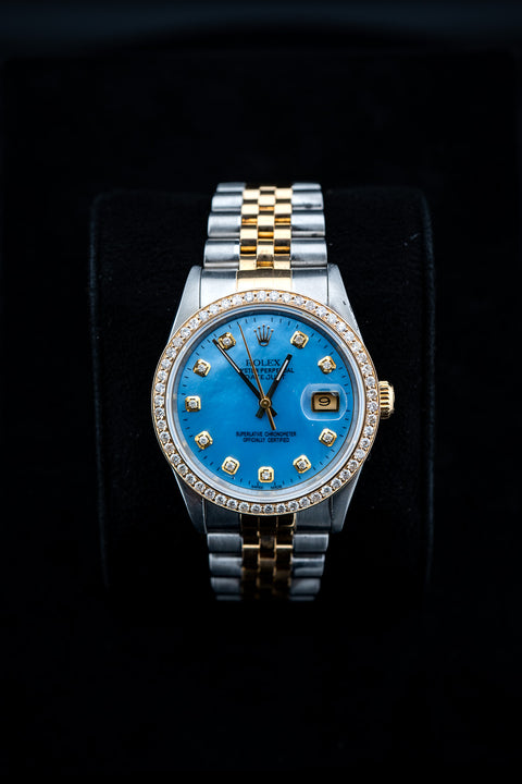 Rolex Datejust 36 Blue Mother of Pearl Dial – Aftermarket Diamond Bezel & Markers – Ref. 16233